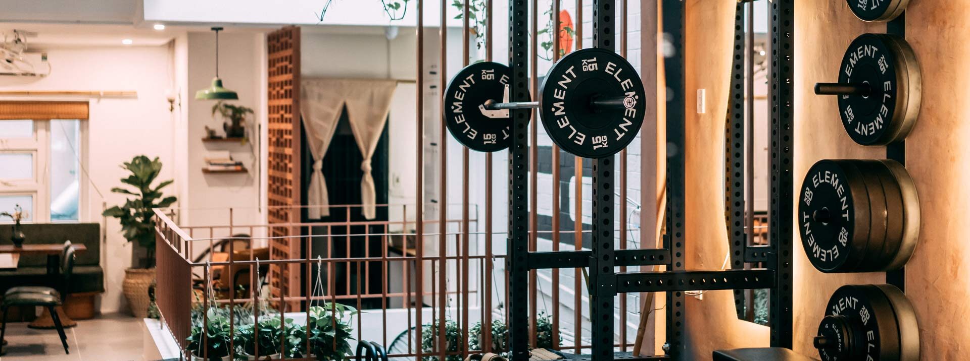 Gym floor at Element - weights, squat rack and free weights